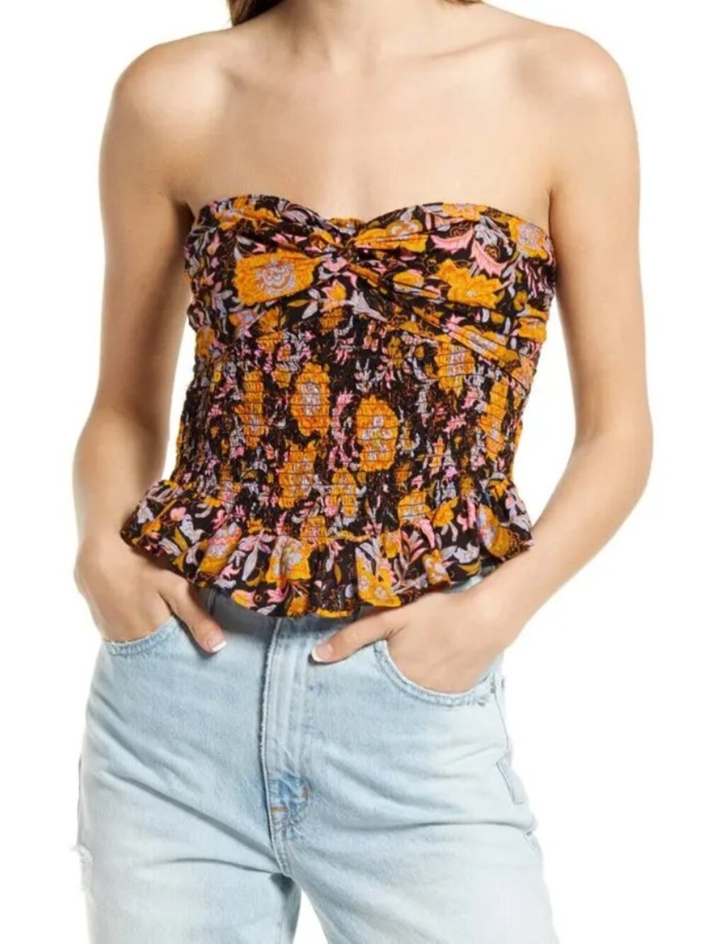 Free People One More Time Smocked Tube Top Twilight Combo Floral | Size L